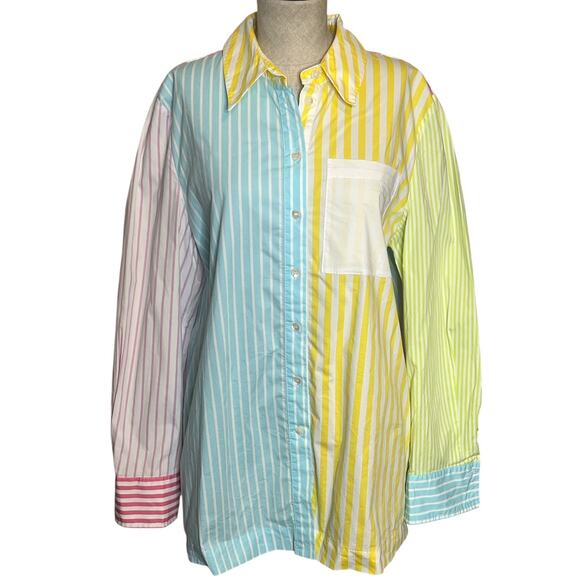 STAUD Martha Shirt Medium Colorblock Multicolor Striped Button Up Blouse M - Picture 2 of 7